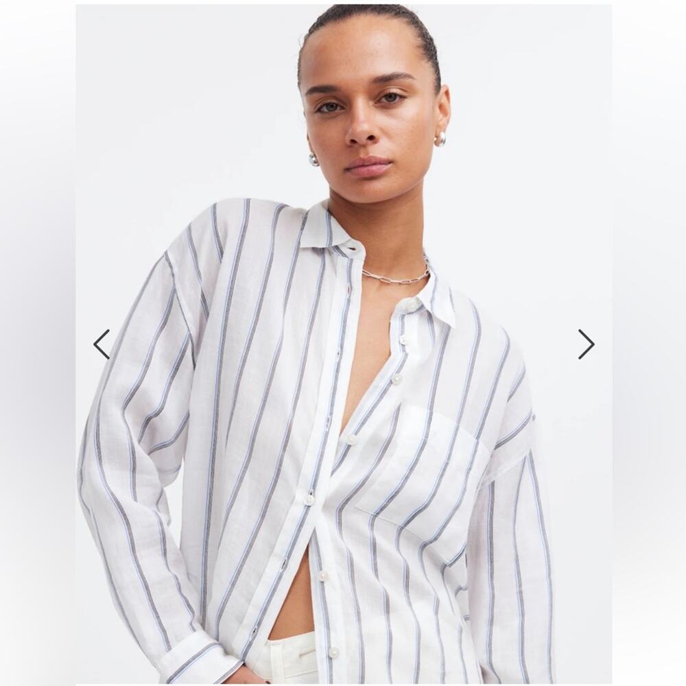 Madewell White Button-Down Shirt with Navy Pinstripes - Picture 2 of 9